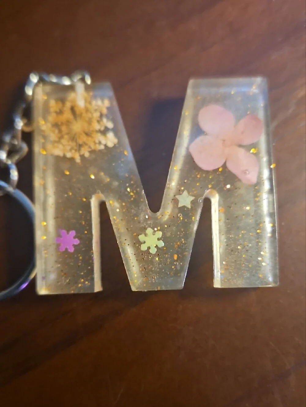 Letter M Resin Keychain with Pink Floral Inlay
